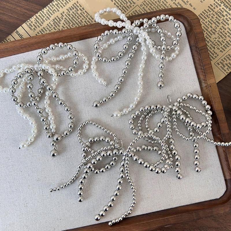 Fashionable Pearls and Silver Bead Butterfly Bowknot Pendant Portable Accessory for Parties Supplies and Office Wear