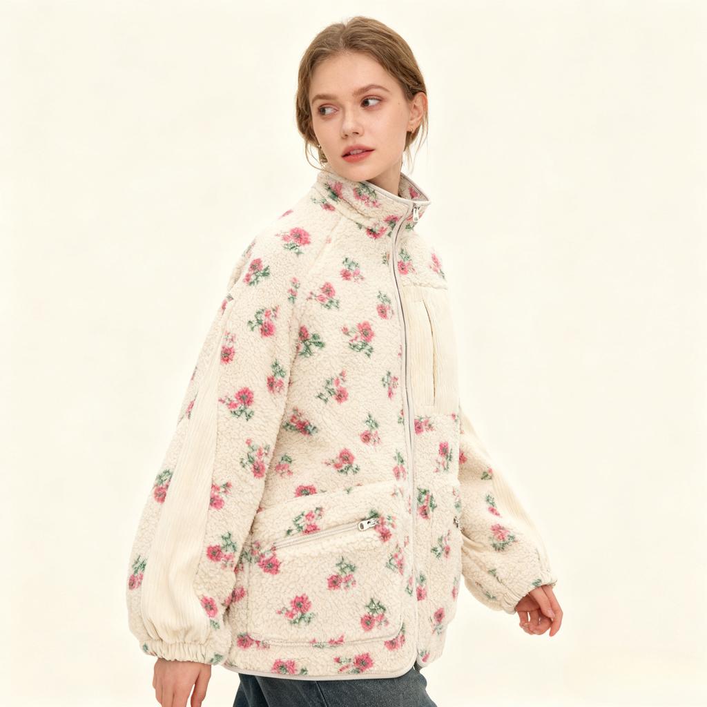 Mode Wolle Fleece Blume Warm Reißverschluss Pullover Jacke Stehkragen Locker Jacke Verdickt Herbst/Winter Damenbekleidung