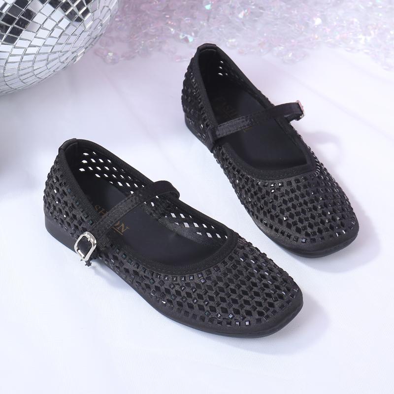 Fashion Low Heel Flats Fashion Round Head Shallow Mouth Sequin Mesh Breathable Line with Soft Sole Anti-slip Wear Sandals