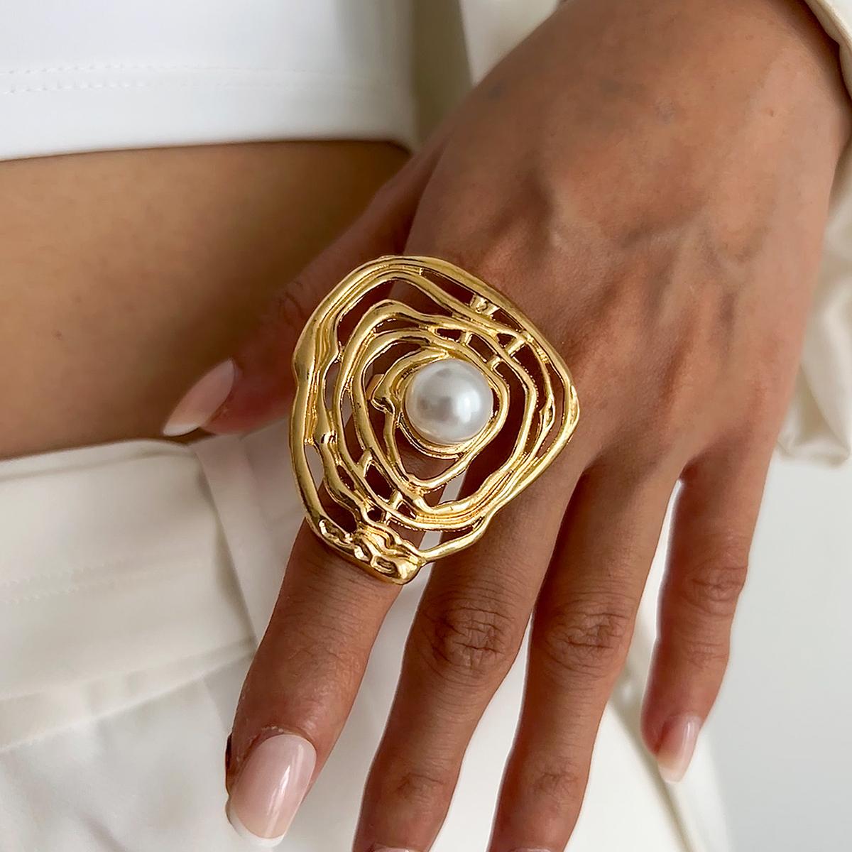 

Ingemark Classic Irregular Metal Large Sunflower Ring Women Hollow Inlaid Imitation Pearl Adjustable Ring Wed Bridal Y2K Jewelry