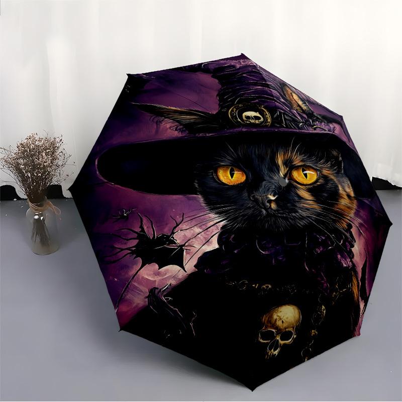 1pc Witch Cat Automatic Folding Umbrella, Lightweight Retractable Compact Travel Umbrella, 8-Rib Sturdy Frame, Fine Outdoor Umbrella050
