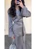 2024 Spring Satin Patchwork Waist-Hugging Long Dress Set for Women