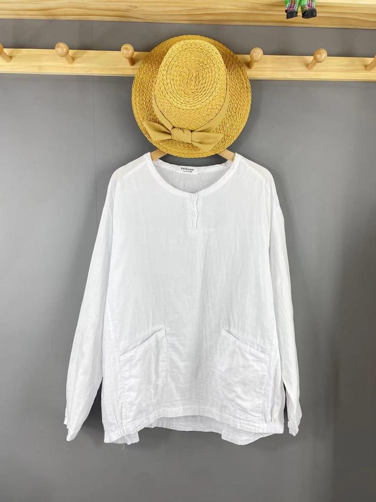 1116 New, Solid Color Embroidery, Cotton Yarn Long-sleeved Shirt, Loose Literary Bottoming Shirt, Versatile Top Shirt.