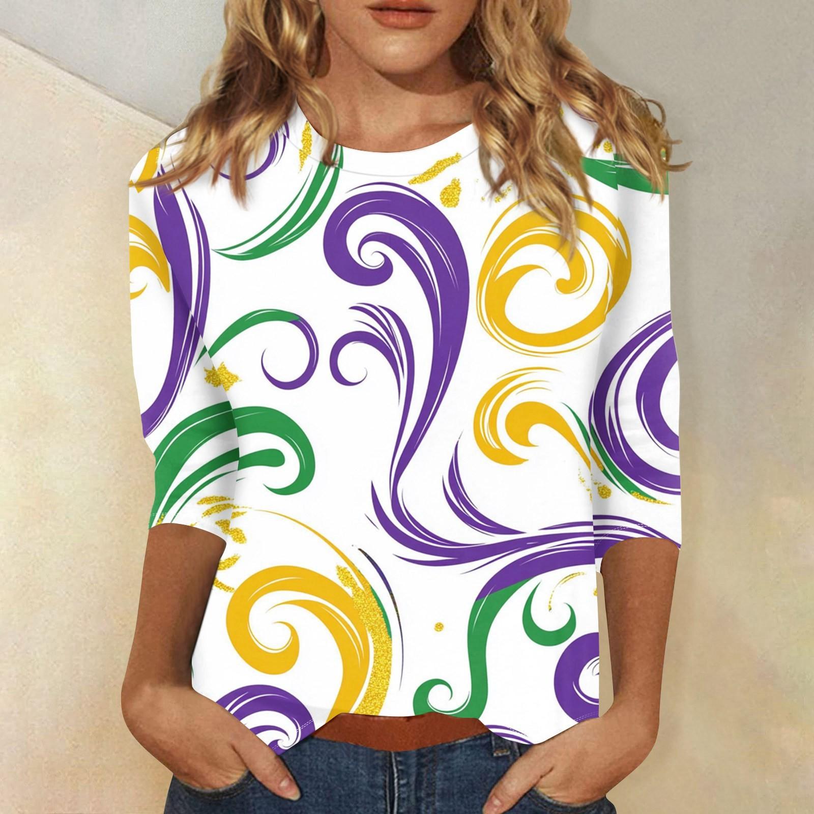 

Женская мода свободный повседневный топ с семью рукавами и круглым вырезом с карнавальным принтом XL белый