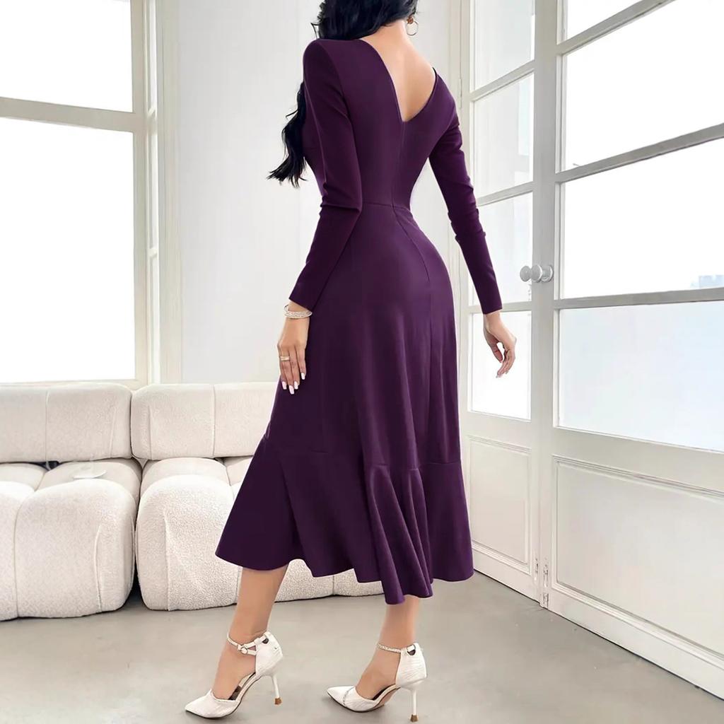 New Autumn and Winter Fashion and Elegant Solid-color Long-sleeved Round-neck Women's Irregular Dress