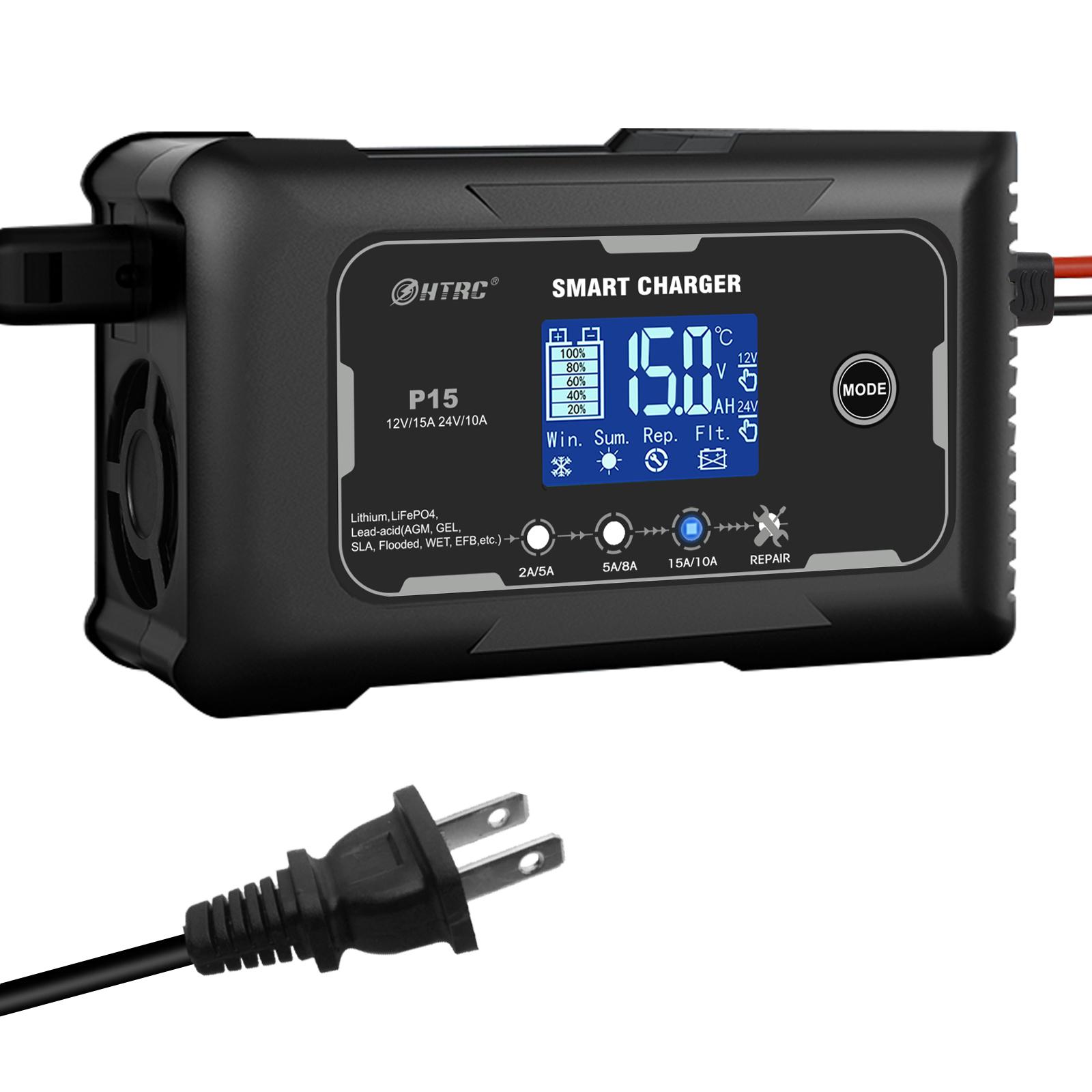 HTRC 12V/24V Car Battery Charger 15A Automatic Charger For Lithium LiFePO4 AGM GEL Lead-Acid Battery Charger for Car US PLUG