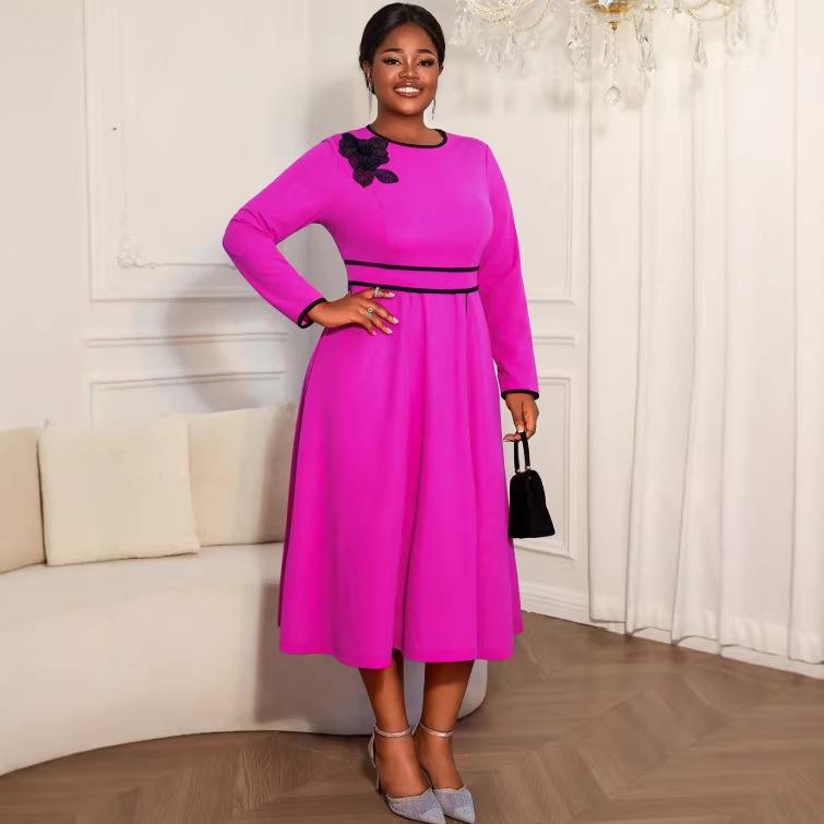 

Elegant 3D Floral Plus Size A-line Dress - Slimming, Waist-Cinching, Long Sleeve, Ideal for Banquets and Commuting. 4XL рожевий червоний колір