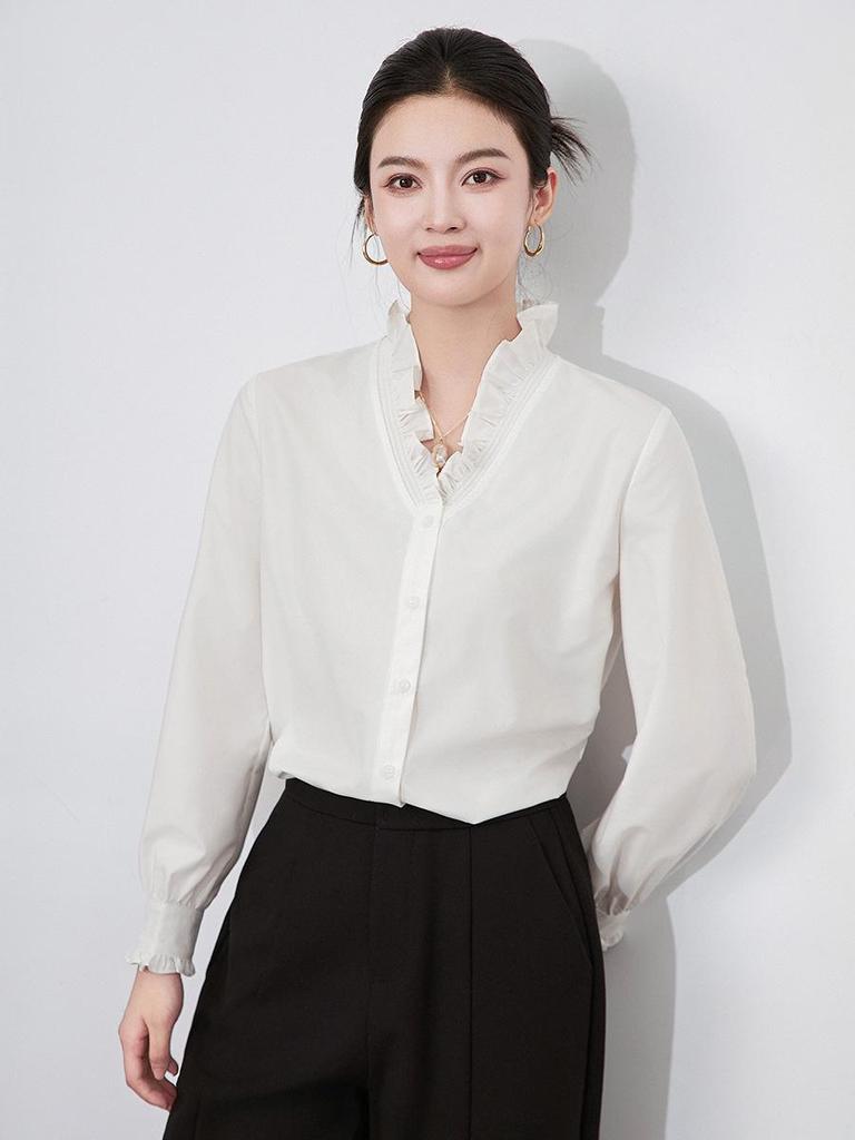 High-End Exquisite V-Neck Ruffle Edge Lace Sleeve Women's Autumn/Winter Top