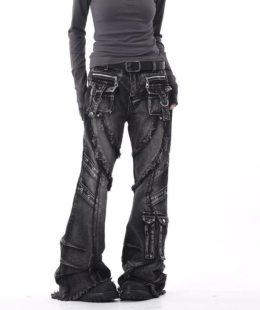Women's Washed Micro-Flare Jeans with Frayed Edges and 3D Pockets