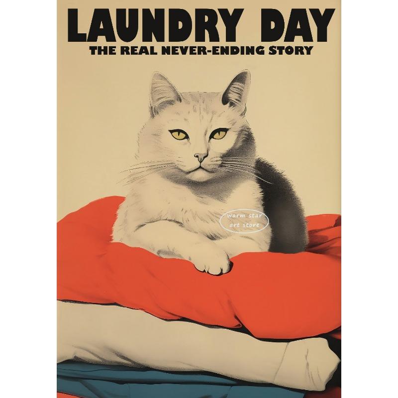 Laundry Day Woman Washing Machine Cat Wall Art Canvas Painting Nordic Poster Print Toilet Pictures for Living Room Decoration