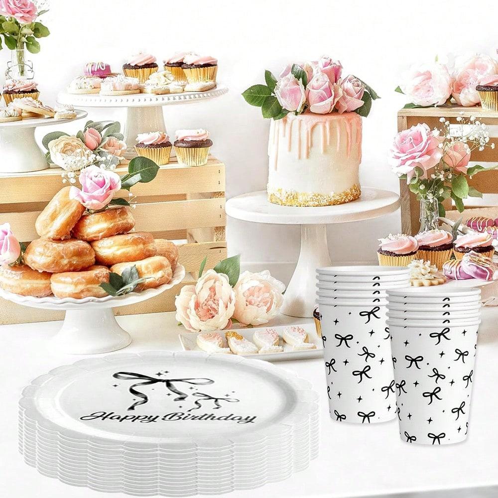 Pink And White Bow 7inch Plate And 9inch Plate Tableware Set For Prom Birthday Decoration, Pink And White Birthday Party Supplies