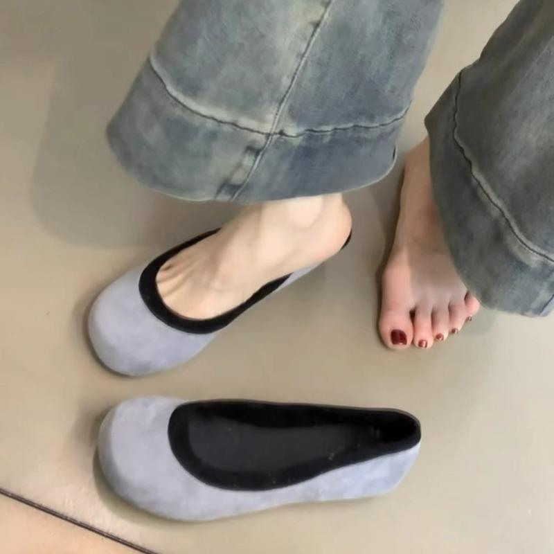 Weiche Sohle Einzelne Schuhe Herbst Neu Runde Spitze Wildleder Farbblock Slip-on Rutschfest Verschleißfest Flache Schuhe