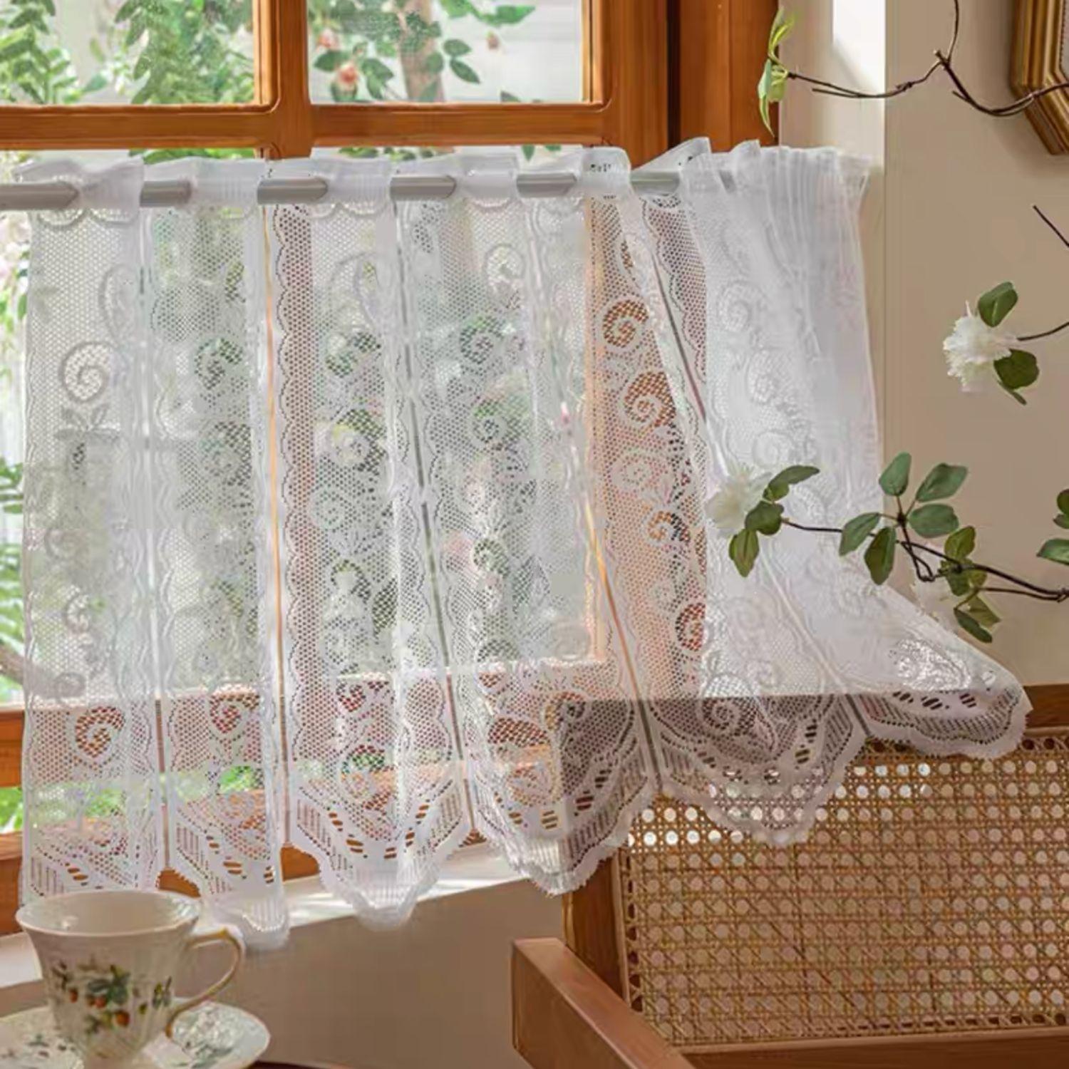 

1Pc American Style White Lace Sheer Curtains Hollow Out Short Valance Curtain for Dining Room Kitchen Door Window Home Decor 1PC-74x45cm&Rod Pocket