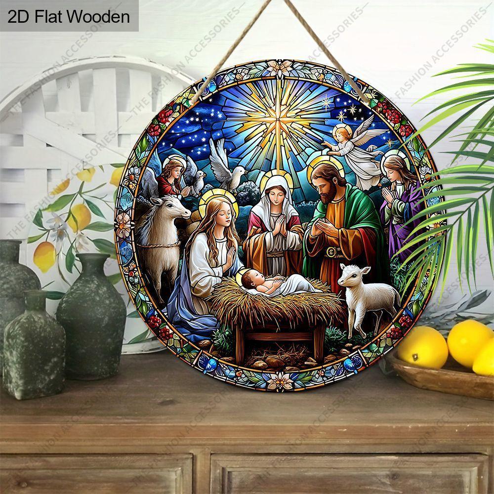 Pingente de cena da Natividade da noite sagrada, decoração de paredes ou portas de casa, madeira plana 2D, decoração de Natal, presentes para amigos e família