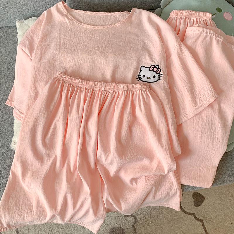 Women's Three-Piece Cotton Pajama Set - Summer, Round Neck, Cute & Comfy Short Sleeve for Home Wear
