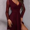 קיץ סקסי V צווארון Slim Fit Mesh שמלת שרוולים ארוכים שמלת מסיבה דקה אלגנטית לנשים