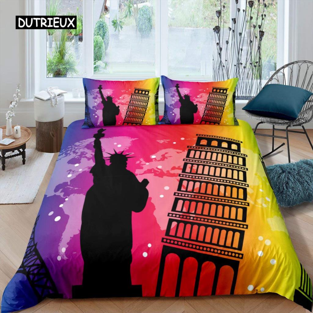 Statue of Liberty Bedspread Cover Hip Hop Full Size Peace Sign Love Heart Bed Cover Kit American Eyes Colorful Sturdy Polyester Quilt Cover