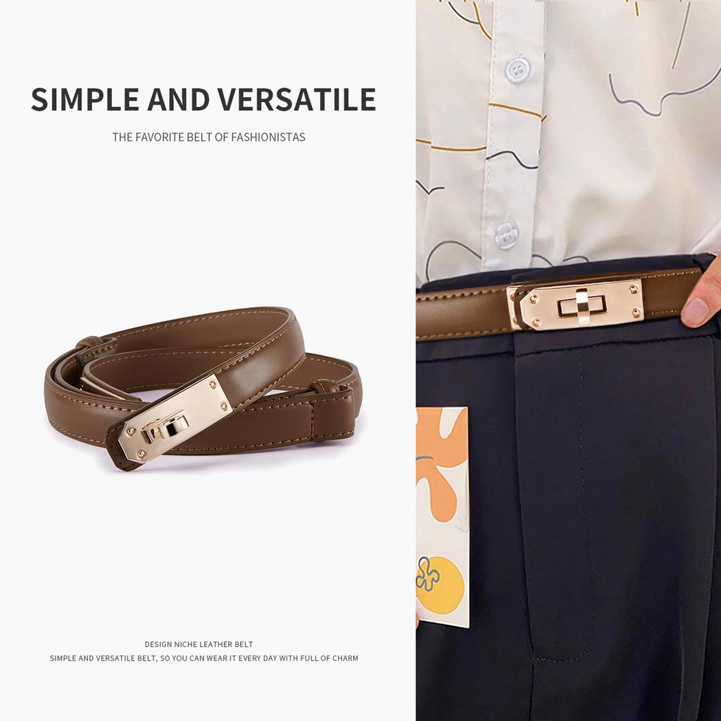 Genuine Leather Retractable Belt Women's Dress Waist Adjustable Cowhide Pant Belt Clothing Accessories Women's a Pair of Buckles Belt