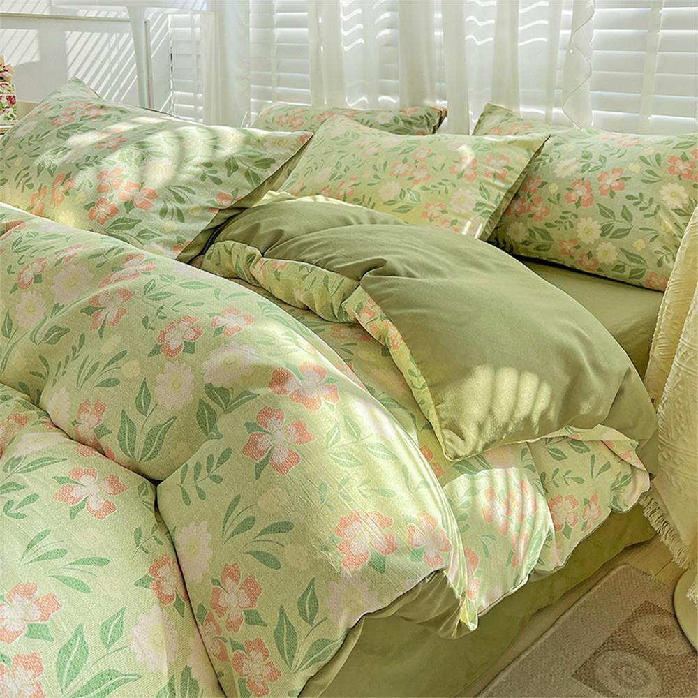 Four-piece Bedding Set Simple Duvet Cover Plant Flower Bed Sheet Adults and Kids Washed Cotton Pillowcase Home Textiles