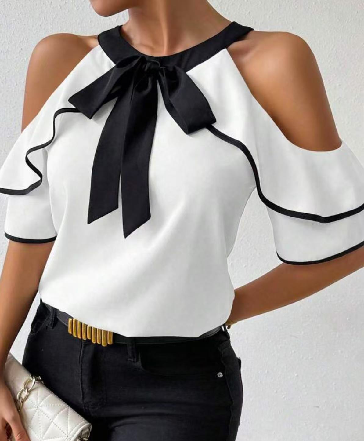 Women s 2026 European and American new bow off-the-shoulder color matching top S белый