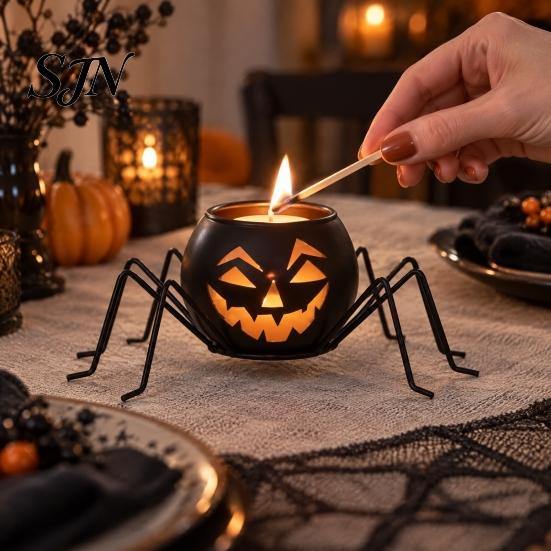 Festive Party Atmosphere Decor Halloween Pumpkin Glass Candle Holder, Iron Art Tealight Lantern for Tabletop Window Table Centerpieces And Fireplace