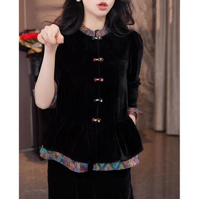 Elegant Velvet Frog Button Blouse: Slimming Chinese Style Women's Jacket - Autumn 2025 Fashion