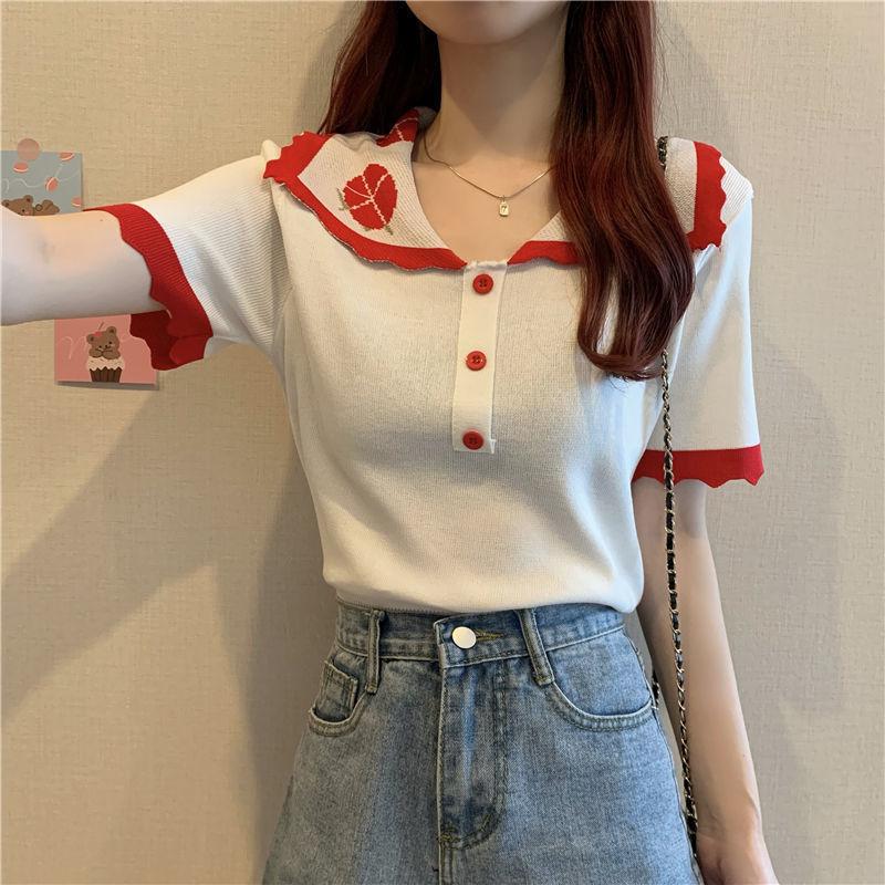 Summer French Academy Color Blocked Short Sleeve Polo Neck Ice Silk Knitted Shirt Short Top for Women