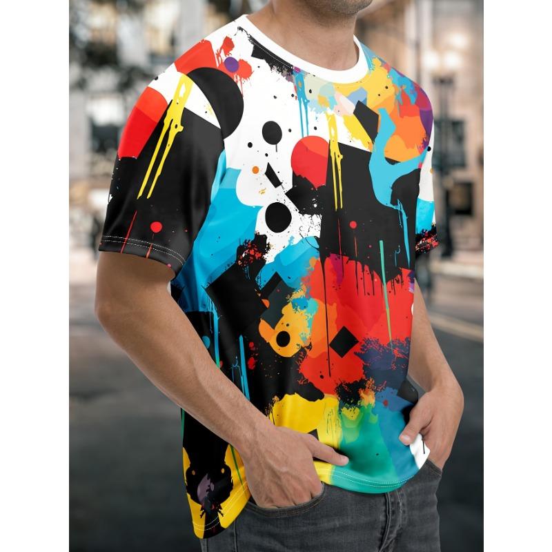 Herren Buntes Abstraktes Graffiti 3D-Bedrucktes T-Shirt Lässiges Kurzarm Rundhals Oberteil Coole Farbspritzer Geometrische Grafik Sommer Streetwear T-Shirts