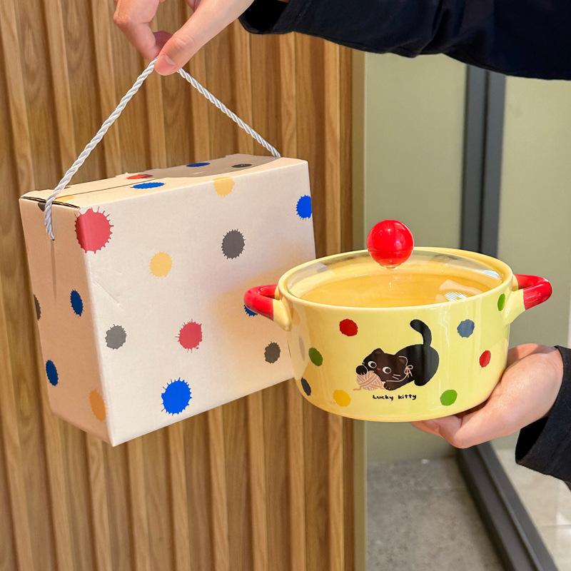 Cute Polka Dot Cat Instant Noodle Bowl Fruit Salad Dessert Bowl Student Dormitory Instant Noodle Bowl Girl Birthday Gift