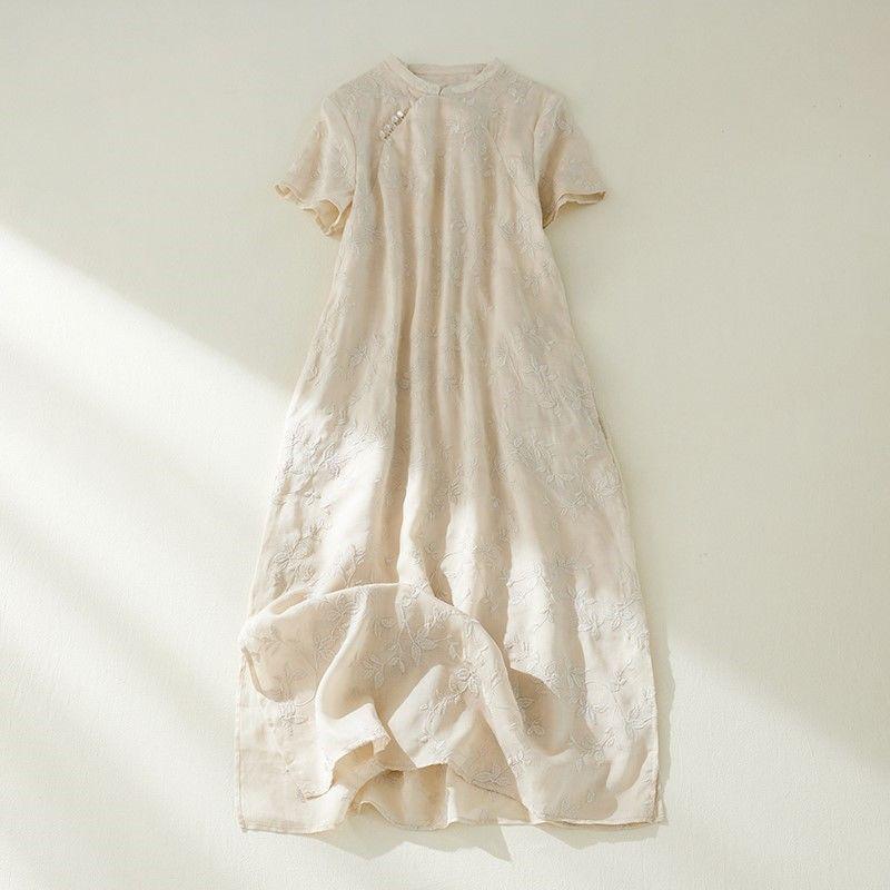 Qipao en Coton et Lin pour Femme 2026: Nouvelle Collection d'Été en Acétate, Style National Chinois Amélioré