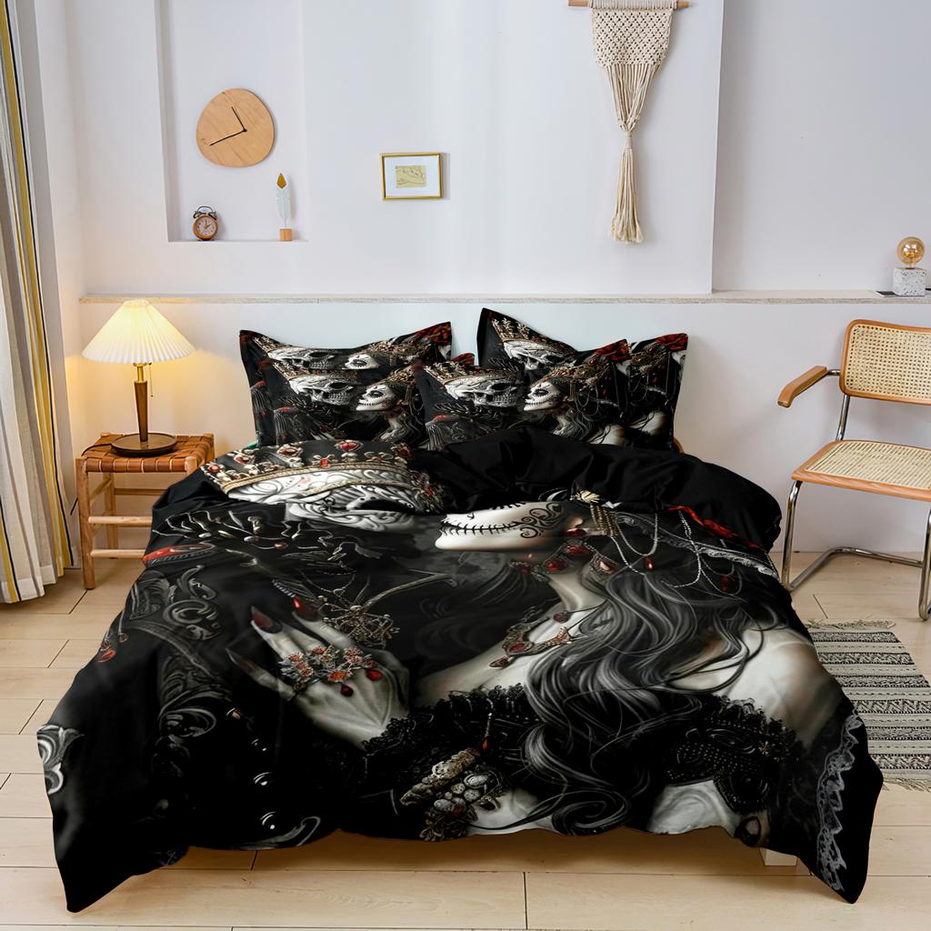 3-teiliges Gothic Mexikanischer Zuckerschädel Frau Bettbezug Bettwäsche-Set Blumen- & Schädelmuster - Ideal für Tag der Toten Feiern