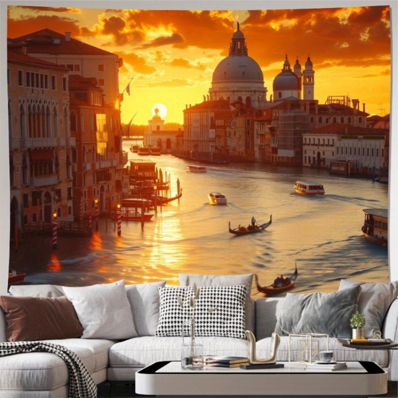 Golden Venice Landscape Tapestry, Canal Gondola Sunset European Architecture Wall Cloth, Soft Backdrop For Bedroom Home Space