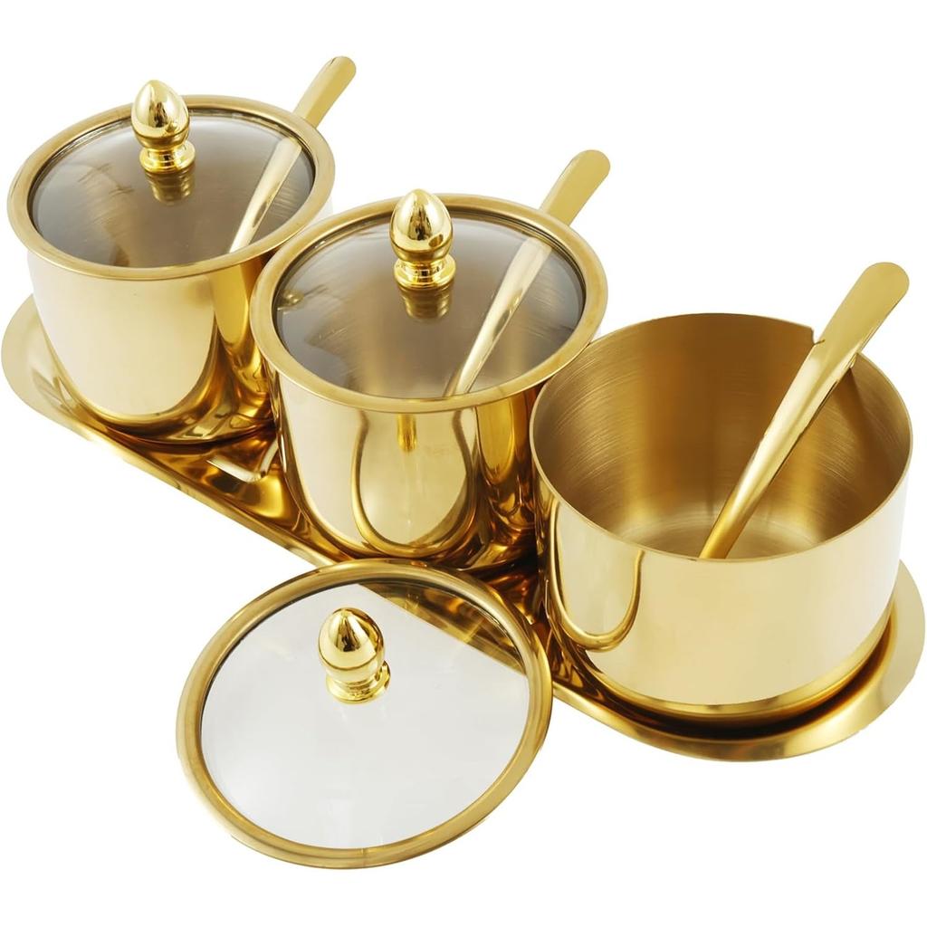 Edelstahl Zuckerschale Set mit Glasdeckel und Löffel 3-Fächer Gewürzglas Set mit Tablett Wiederverwendbare Gewürzdosen Töpfe Set Stilvolle Gewürzbox