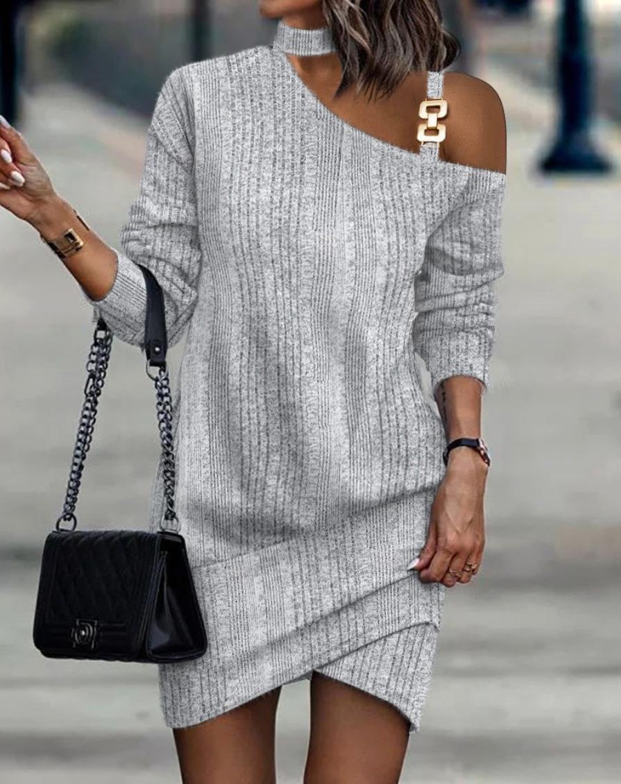 

Autumn and winter long-sleeved chain neck solid color button dress women XXL сірий колір