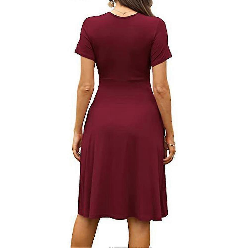 Casual Women's Summer Dress With Pockets V-neck Short Sleeve Midi Dress