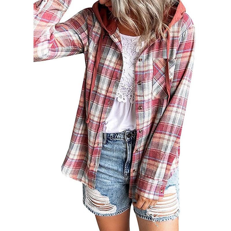 Primavera e outono camisa feminina moda casual com capuz cor bloqueando camisa xadrez