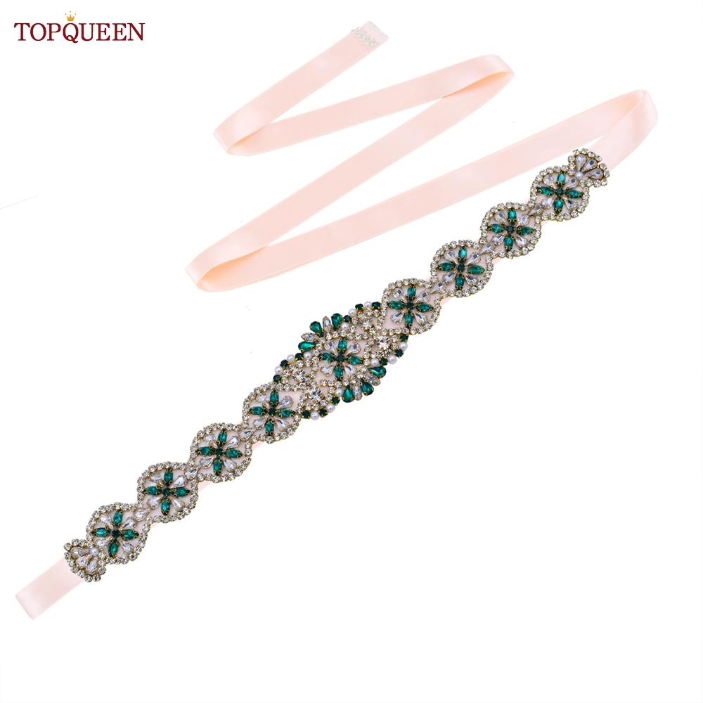 TOPQUEEN S161-KL Neuer Brautgürtel für Hochzeitskleider für Frauen in Gold, handgefertigt, Luxus-Schärpe, Zubehör für das tägliche Partykleid, grüner Strass