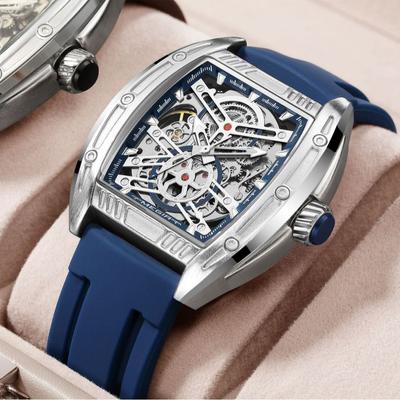 Men's Tonneau Type Mechanical Watch Silicone Band Luminous Waterproof Hollow Mechanical Watch