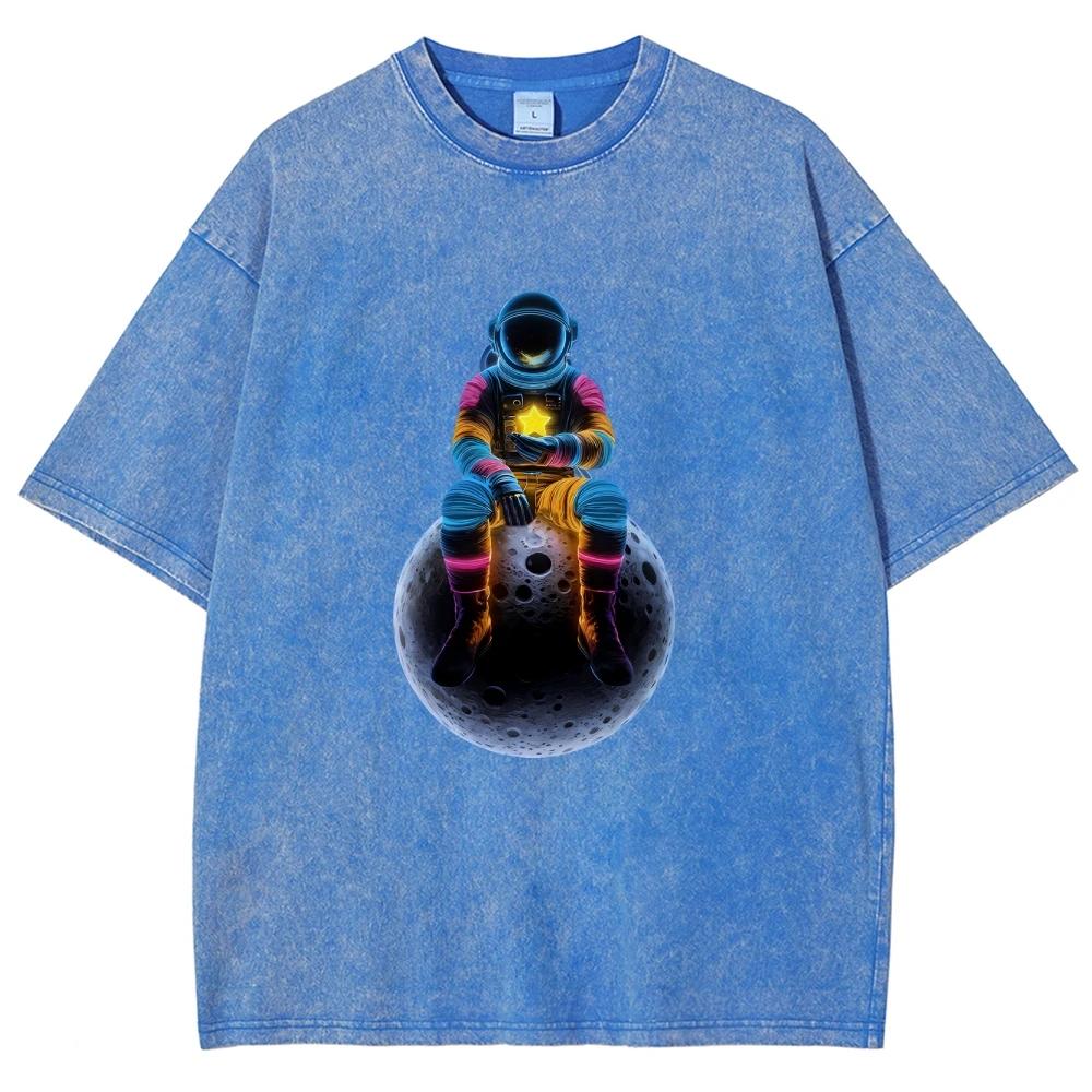 Unisex Fit Washed T-Shirt Cool Astronaut Tees Shirts Men Women Short Sleeve T-shirts Cotton Oversized T-shirt