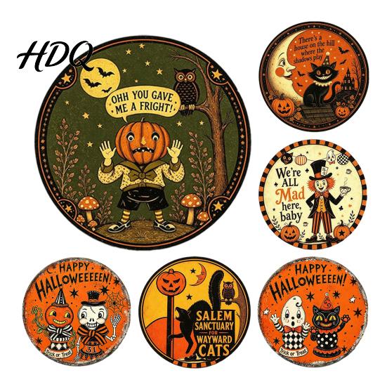 Halloween Theme Wall Art Retro Sign Round Metal Decorative Vintage Illustration Sign Rustic Decor for Living Room Party Decoration Nostalgic Hanging