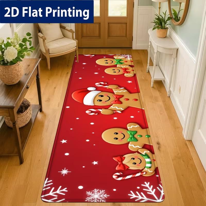 Christmas Gingerbread Man Runner Rug Soft Floor Mat Holly Candy Cane Print Carpet Xmas Decor for Bedroom Hallway Entryway