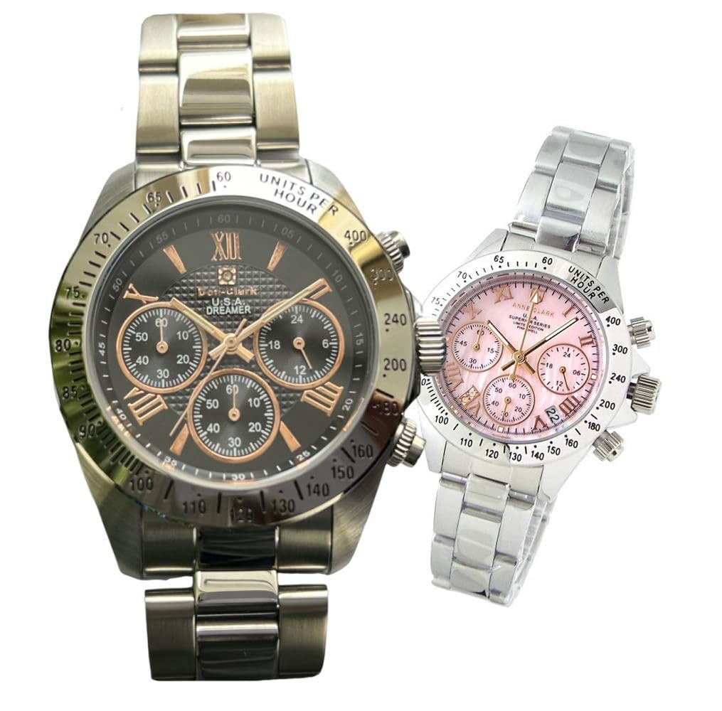 

Pair of Don Clark and chronograph watches with black and gold Roman numerals and a natural shell featuring a stainless steel case and a strap