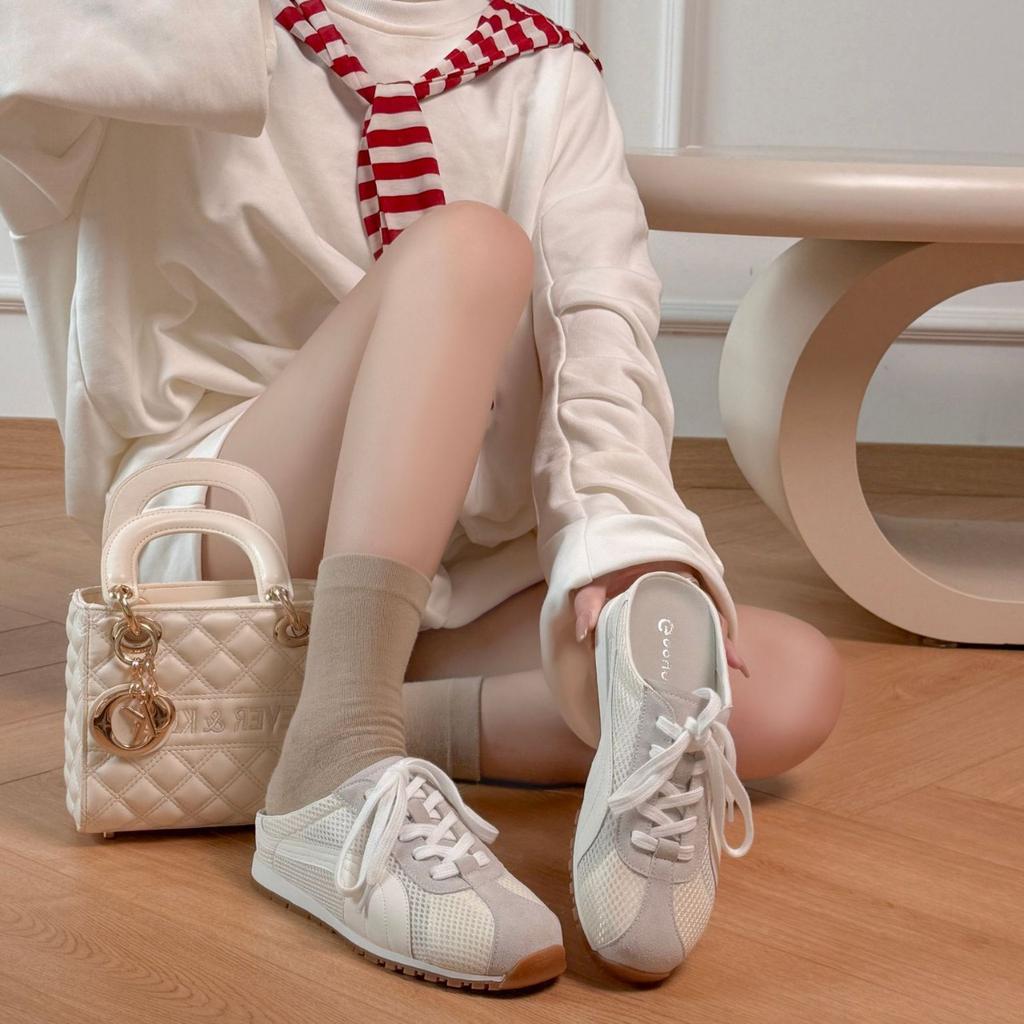 Retro inner height-increasing mesh bag head half slippers women's one-pedal lace-up board shoes