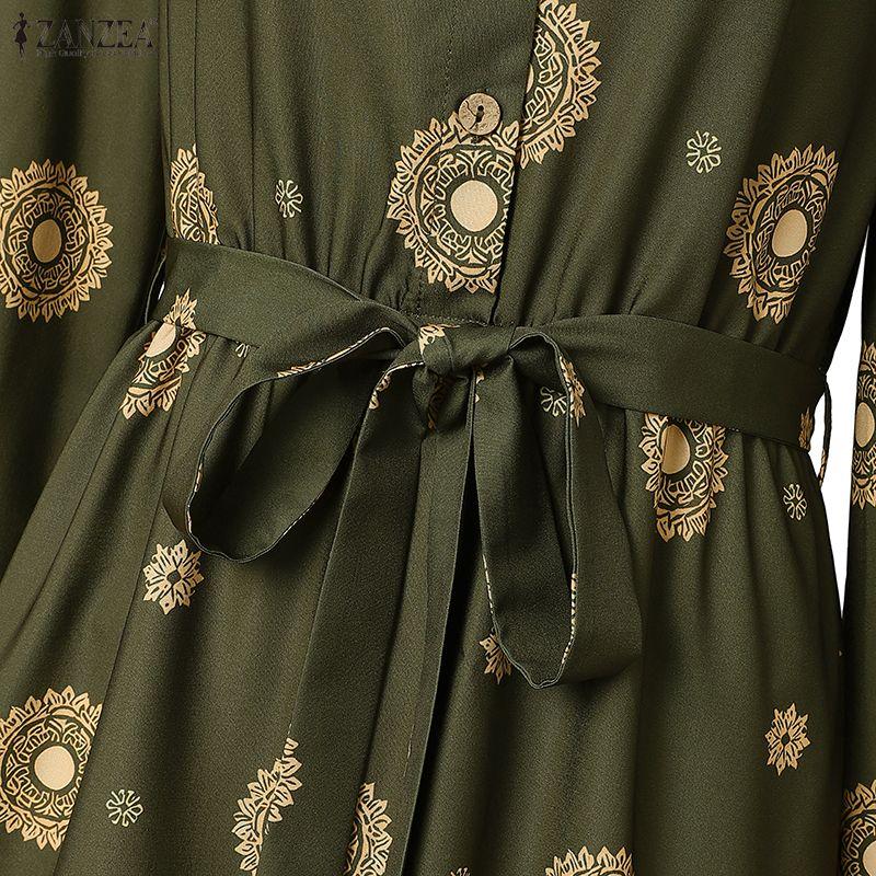 ZANZEA Women Lantern Sleeve Stand Collar Belted Waist Floral Print Pleated Hem Casual Holiday Long Dress