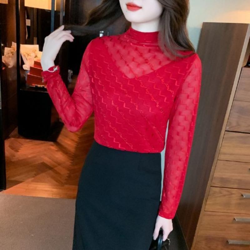 T-shirt for Women with Velvet Thickened Winter New Long-sleeved Pullover Top Half Turtle Neck Iron Diamond Base Shirt for Women