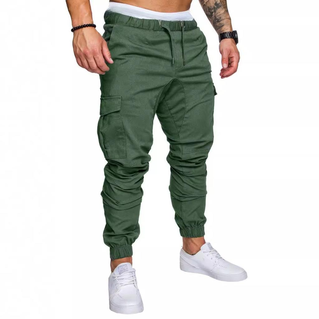 Men's Spring and Autumn Long Pants Fashion Casual Drawstring Elastic Pants Solid Trousers with Pockets
