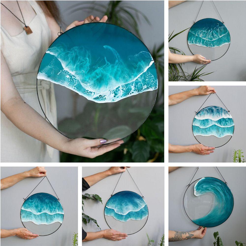 with Hanging Rope Ocean-Wave Wall Art Hangings Round Sea Wave Stained Acrylic Panels  Indoor