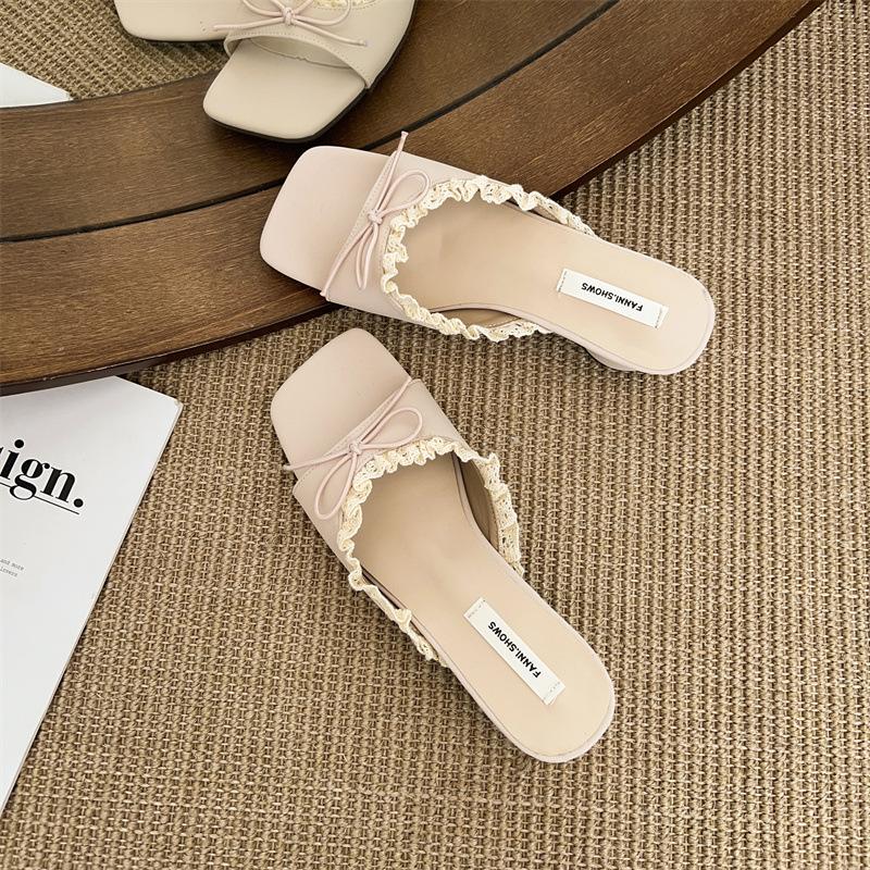 Coarse-heeled Bow Shoes Women's Summer Outer Wear Holiday Style Open-toed High-heeled Cool Slippers