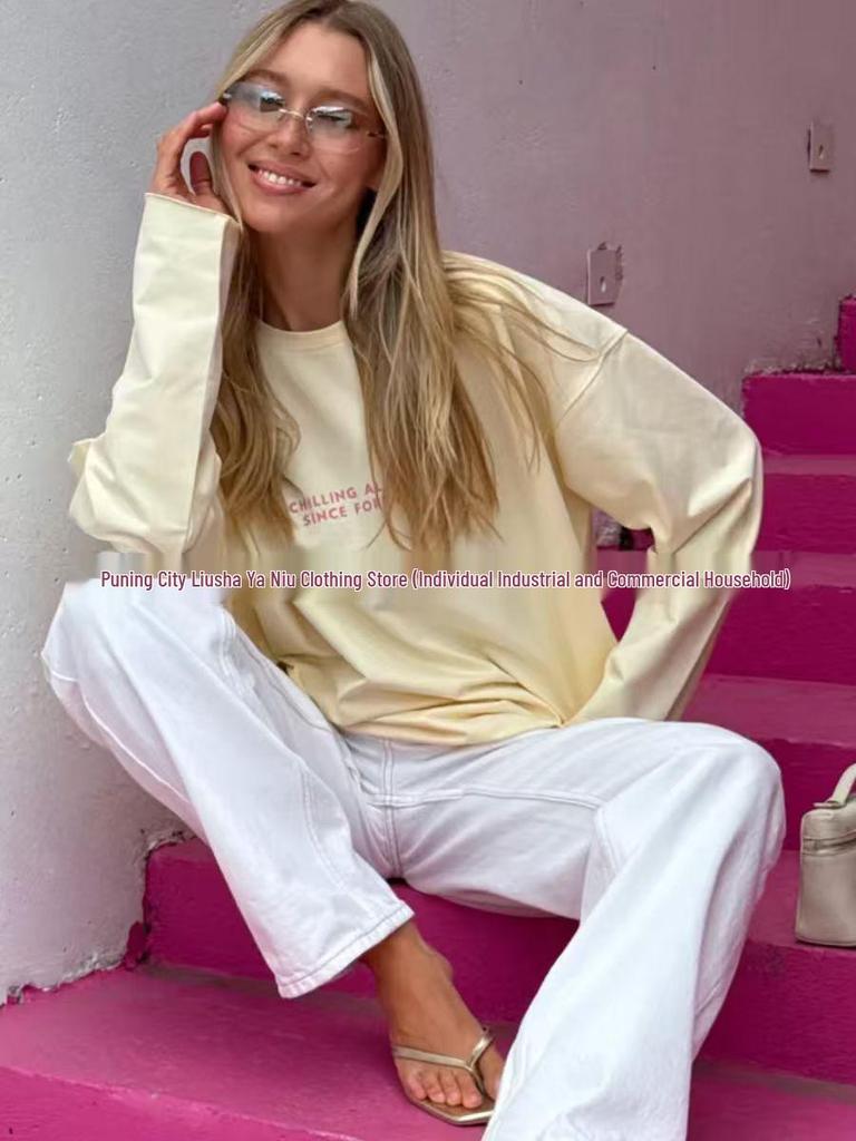 Women's European-American Style 100% Cotton Slimming Long Sleeve T-Shirt for Early Autumn