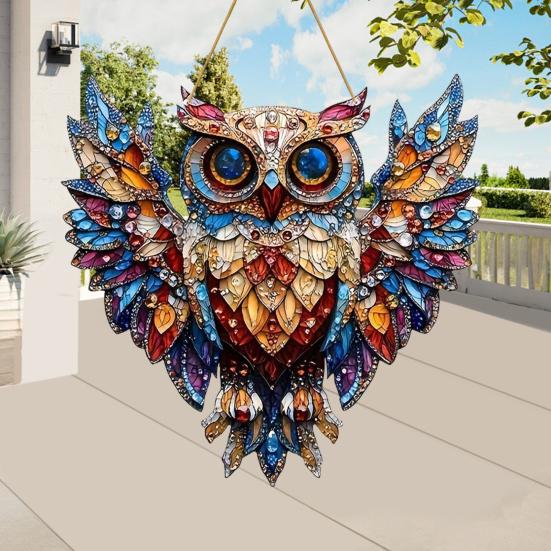 2Pcs Owl Pendant, Waterproof Acrylic Indoor Outdoor Decoration, 2D Printing Stained Glass Style Colorful Light Effect Owl Ornament with Lanyard